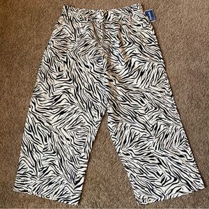 Nicole Miller 100% Linen Pants Women's XL Zebra Print Wide Leg Pull On NWT